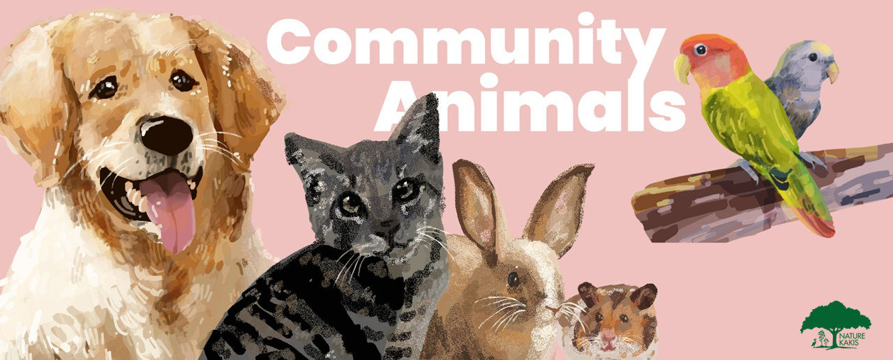Illustrated banner with community animals including a dog, cat, rabbits and parrots